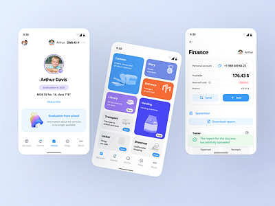 App for automating school processes android app application blue design education finance freindly gradient illustration kids logo menu parents profile school ui ux