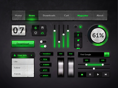 Green Interface button checkbox download green interface navbar percent round social square ui user