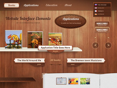 Interface Elements for a Website books capitons label languages menu navigation shelves titles tooltips ui user interface website wood