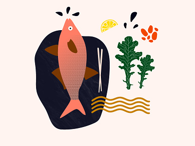 Fish and noodles animals. fish editorial food illustration plants vegetables