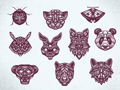 WIldlife roundup animals apparel branding fox illustration merch monkey moth owl panda panther tattoo texture tiger wild wildlife wolf