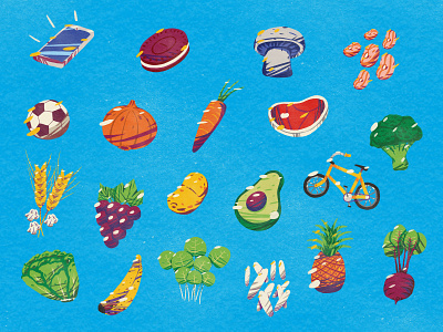 Unicef - Eating Habits avocado banana broccoli eating editorial illustration food fruits fun illustration kids meat nutrition retro texture unicef veggies vintage