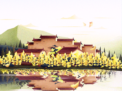 spring（Rape flowers） building flat illustration landscape room spring