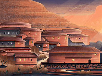 Tulou building flat forest illustration landscape room