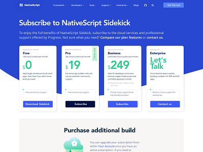 NativeScript.org Pricing page design webdesign