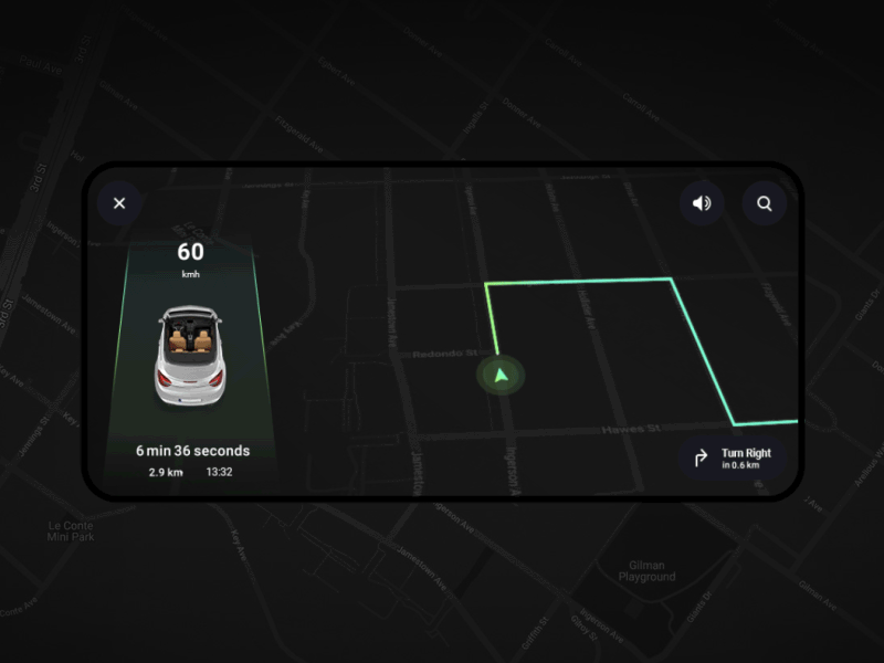 Animated Navigation App agency ai animation app assistance assistant car clean dark mode dark theme design driving simple taxi app ui ux