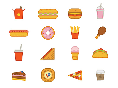 Fast food icons burger cake coffee cup dessert eat fast food flat ice cream icon outline sandwich