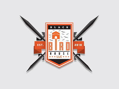 Black Bird House LLC Logo (design experiment) banner birdhouse blackbird blades coat of arms crest halloween orange ribbon shield swords
