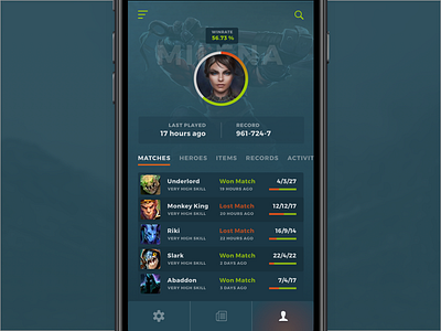 Dark Gamer Profile Design app clean dark design dota game mobile stats ui