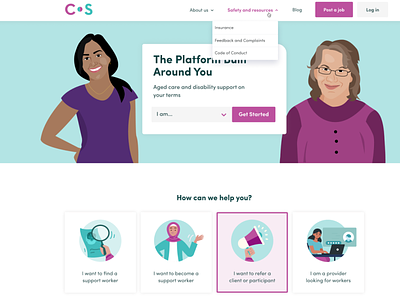 Home page and dropdowns for Careseekers website design illustration ui ux vector
