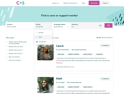 Search result page design for Careseekers design ui ux