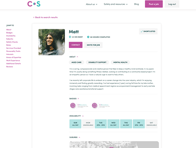 View profile page for Careseekers design ui ux