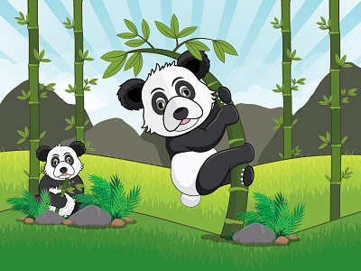 Hanging Panda Illustration babypanda bamboo bhagirath black green hanging leaf mascot nature panda sky tree white