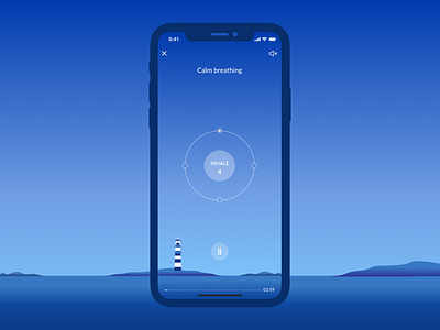 Stress Guide app "Calm Breathing" exercise app blue branding breathing illustration landscape lighthouse meditation meditation app mindfulness mobile nature ocean sea ui ux