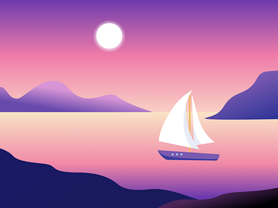 Sunset boat illustration landscape ocean sea sun sunset web