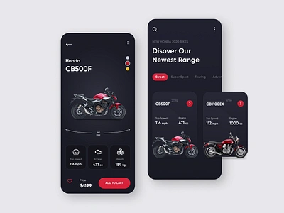 Honda Bikes View 360 app bike bike ride color picker dark design e commerce experience design figma honda inspiration ios mobile mobile app mobile ui motorbike motorcycle night mode ux