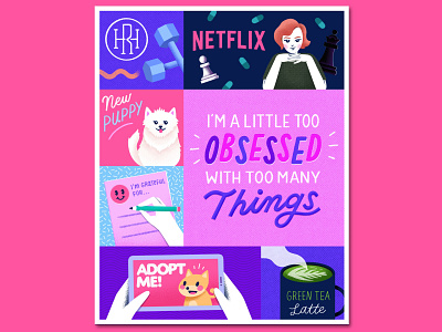 I'm a Little Too Obsessed with Too Many Things cover design covers drawings illustration netflix obsession podcast art poster poster design