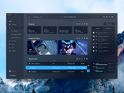 Blueblue Dark Version calendar concept dark dashboard debut documents files image mail management app minimal ui