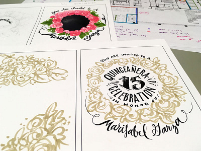 Floral + Hand Lettering for Quinceanera celebration copic markers custom invite floral gold hand type invitation lettering print quinceanera roses script