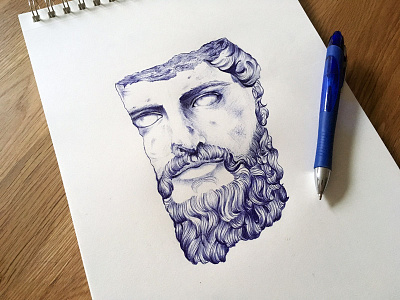 Fragmented Head Study ballpoint pen bust drawing greek hair illustration roman sculpture stone