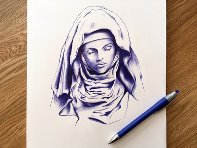 St. Gertrude ballpoint pen bust drawing fabric illustration saint sculpture stone woman