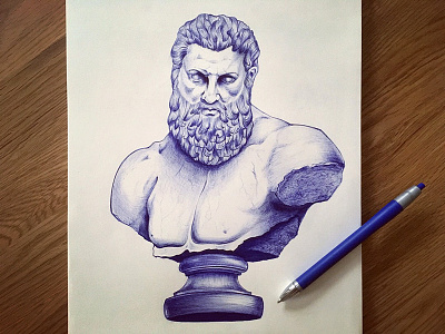 Greek Demigod Heracles ballpoint pen beard bust drawing greek hair heracles hercules illustration. sculpture muscles roman stone