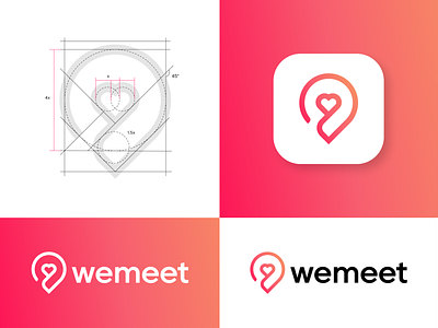 WeMeet - Logo Design Concepts app art brandidentity branding design dribbble gradient heart icon identity location logo logo app logo design logomark love mark pin social app symbol