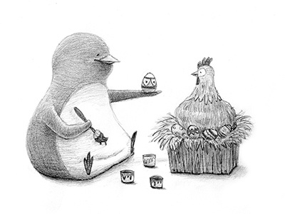 Happy Easter! character easter egg graphite hen humor illustration paint pencil penguin spring