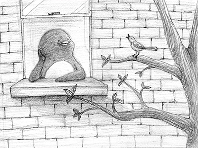 A Visitor bird character graphite humor illustration pencil penguin spring tree