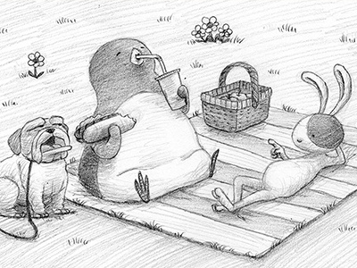 Spring Picnic bulldog bunny character dog graphite humor illustration pencil penguin picnic rabbit spring