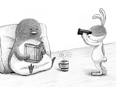 Birdwatching bird birdwatching bunny character graphite humor illustration pencil penguin rabbit