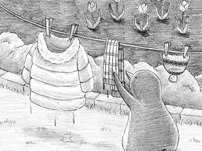 Good Bye Winter character graphite humor illustration pencil penguin spring tulip wash winter
