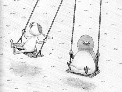 Swing! bunny character graphite illustration pencil penguin rabbit swing