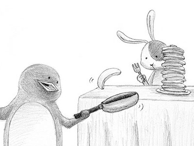 Pancakes? bunny graphite illustration pancake pencil penguin rabbit