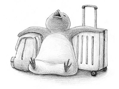Back From A Trip drawing graphite illustration pencil penguin tired travel trip unpack