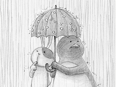Heavy Rain bunny drawing graphite illustration pencil penguin rabbit rain umbrella