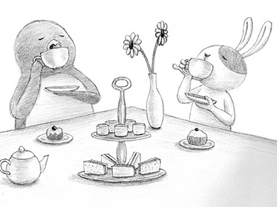 English Tea Party british bunny drawing english graphite illustration pencil penguin rabbit tea