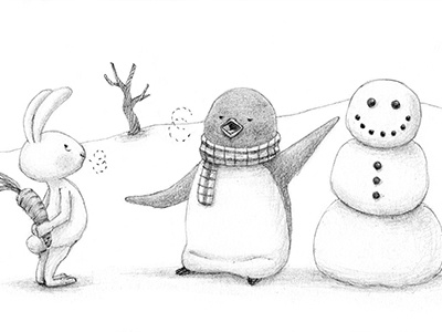 Building A Snowman bunny carrot drawing graphite illustration pencil penguin rabbit snow snowman winter