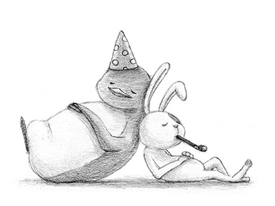 Farewell 2013, Hello 2014! bunny drawing graphite illustration new year party pencil penguin rabbit