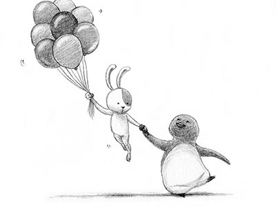 Balloons! balloon bunny character graphite illustration pencil penguin rabbit