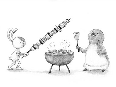 BBQ! bbq bunny character graphite illustration pencil penguin rabbit