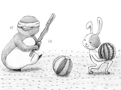 Watermelon! bunny character drawing graphite illustration pencil penguin rabbit summer watermelon