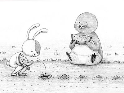 Growing Watermelon bunny character drawing graphite illustration pencil penguin rabbit summer watermelon