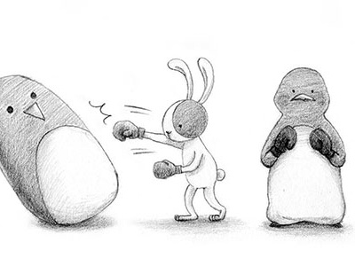 Roly-Poly Penguin boxing bunny character drawing graphite illustration pencil penguin punch rabbit roly poly