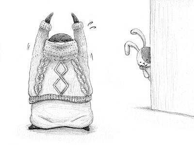 Stuck! black and white charles drawing gwenpenn illustration japanese kawaii pencil penguin rabbit sweater