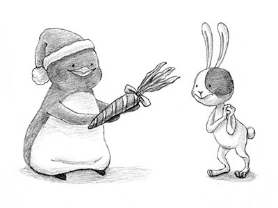 Merry Christmas! black and white bunny christmas drawing gift gwenpenn holiday illustration penguin rabbit xmas
