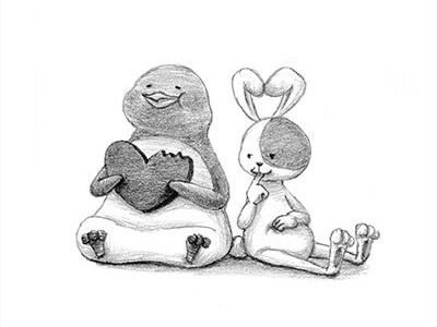 Valentine's Day black and white bunny chocolate drawing illustration love penguin rabbit valentines day