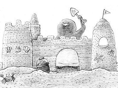 Sand Castle character graphite humor illustration pencil penguin sand castle