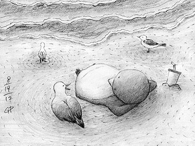 Getting Connected beach character graphite humor illustration pencil penguin seagull