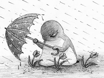 Friendship character graphite humor illustration pencil penguin rain umbrella